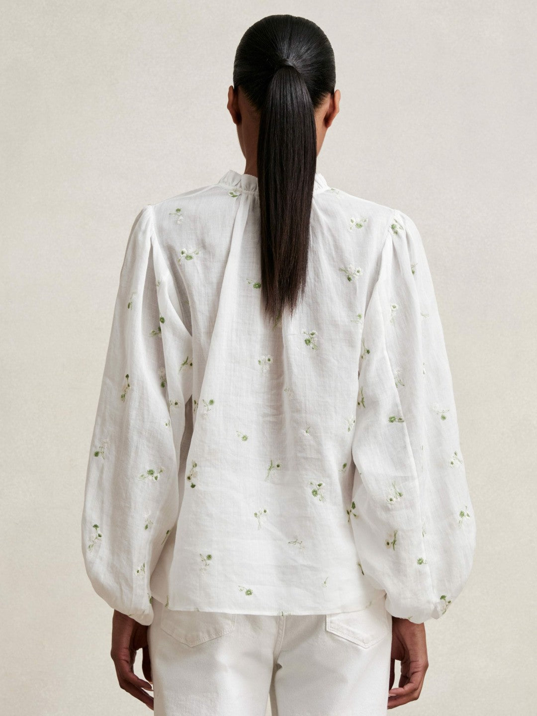 Floral-Embroidered Tie-Neck Blouse Ramie-Lyocell in Ivory Women | Reiss