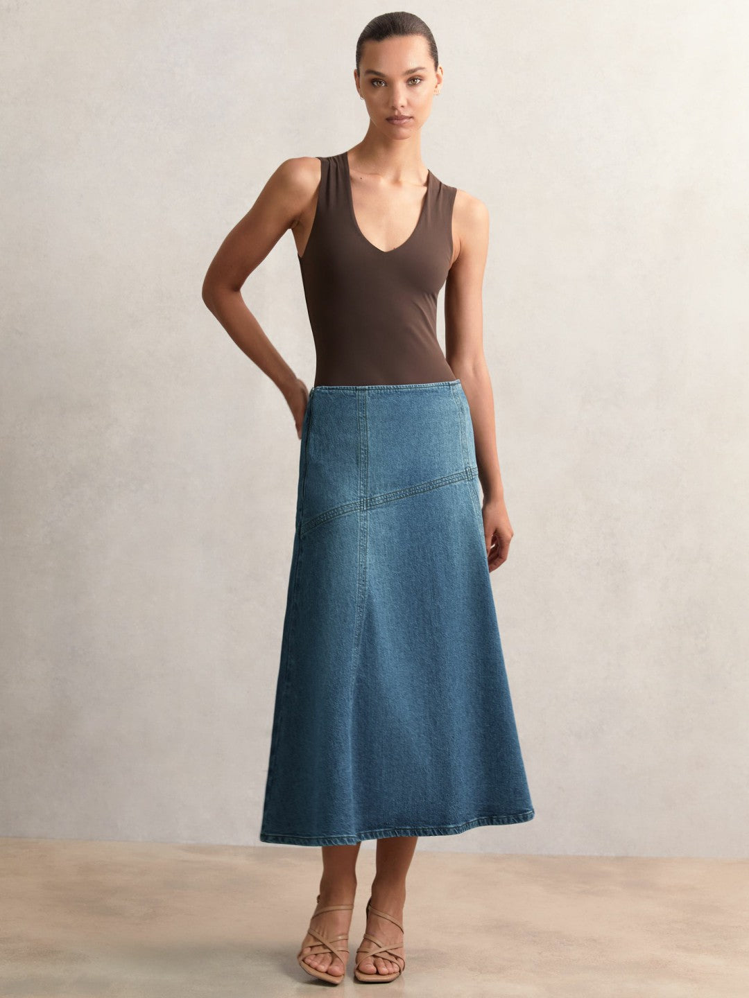 Denim Panelled Midi Skirt in Indigo Women | Reiss