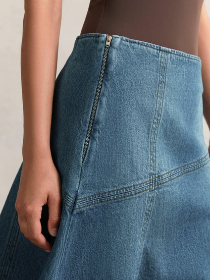 Denim Panelled Midi Skirt in Indigo Women | Reiss
