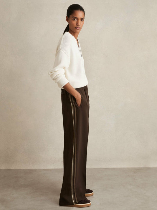 Petite Side-Stripe Wide-Leg Trousers in Chocolate Brown Women | Reiss