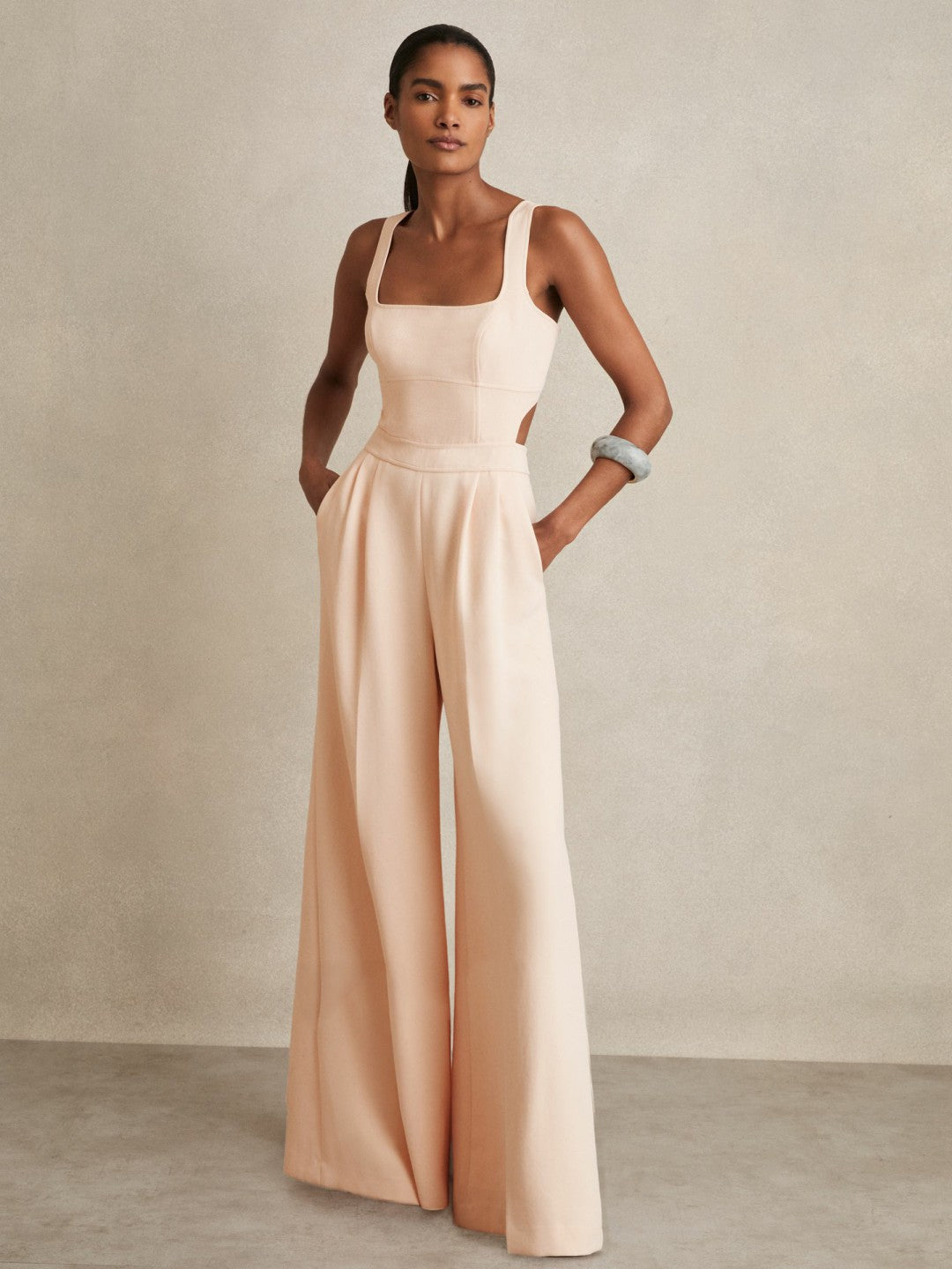 Wide-Leg Cut-Out Jumpsuit in Pale Pink Women | Reiss