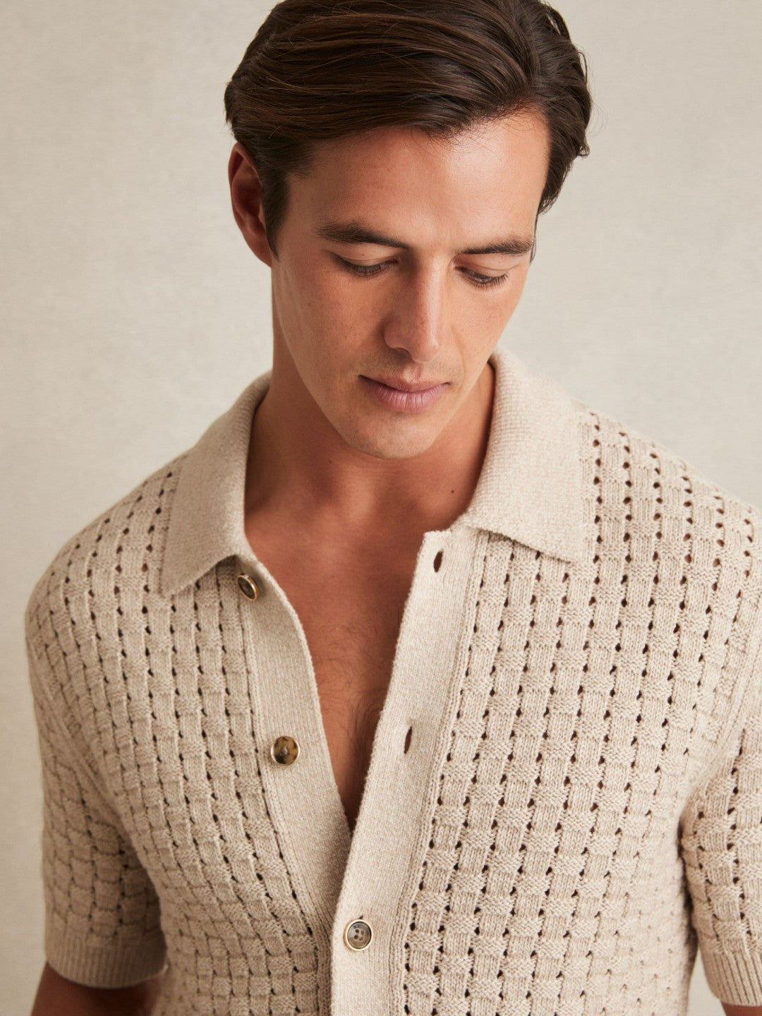 Basketweave Knit Button Through Cotton Blend Shirt in Stone Men | Reiss