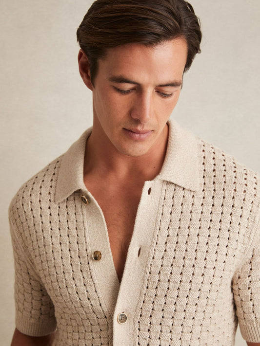 Basketweave Knit Button Through Cotton Blend Shirt in Stone Men | Reiss