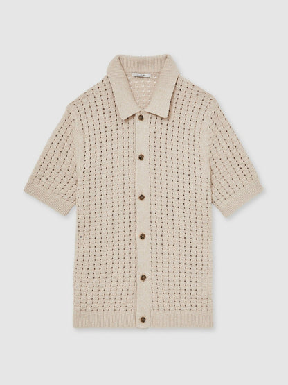 Basketweave Knit Button Through Cotton Blend Shirt in Stone Men | Reiss