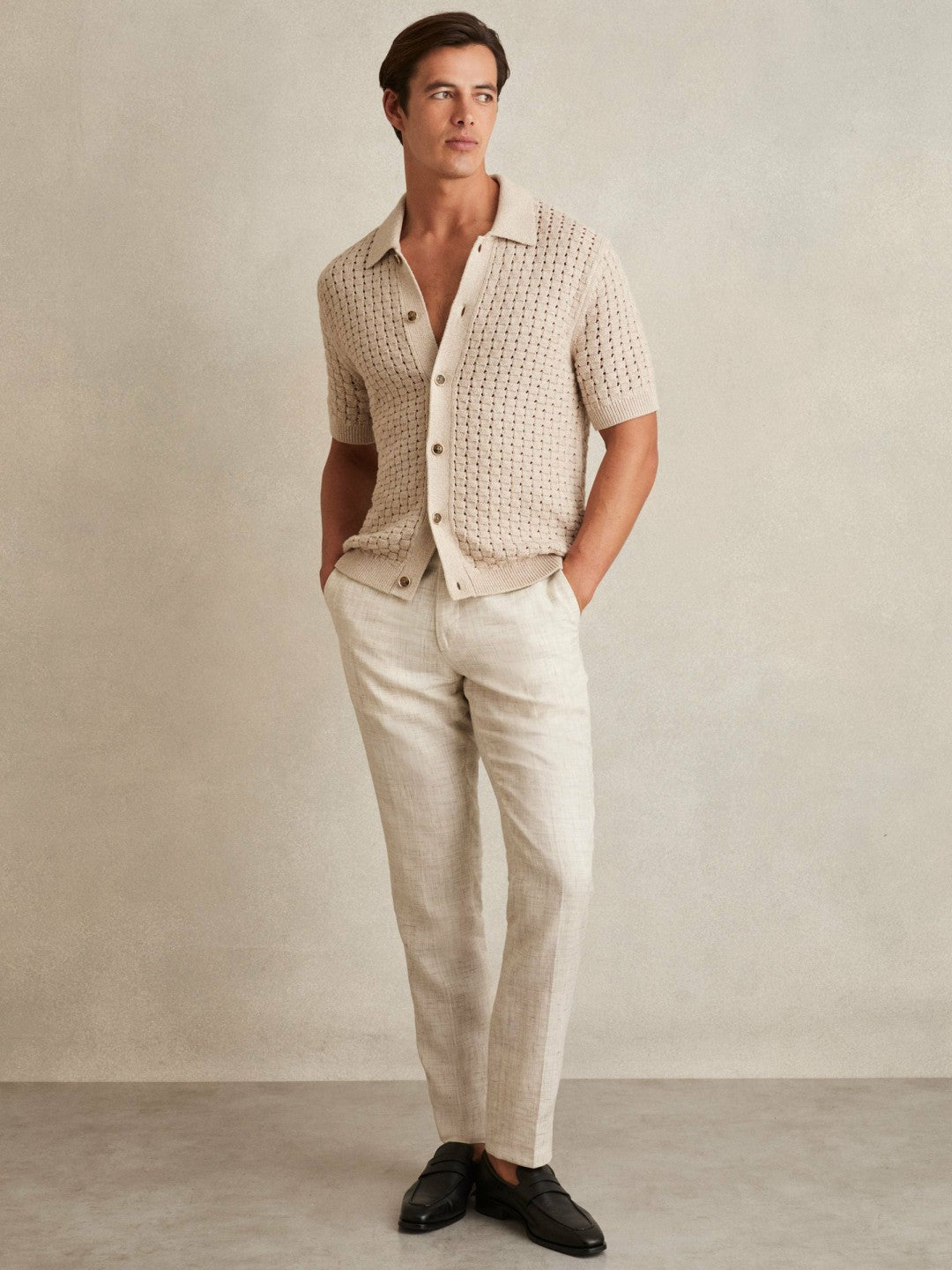 Basketweave Knit Button Through Cotton Blend Shirt in Stone Men | Reiss
