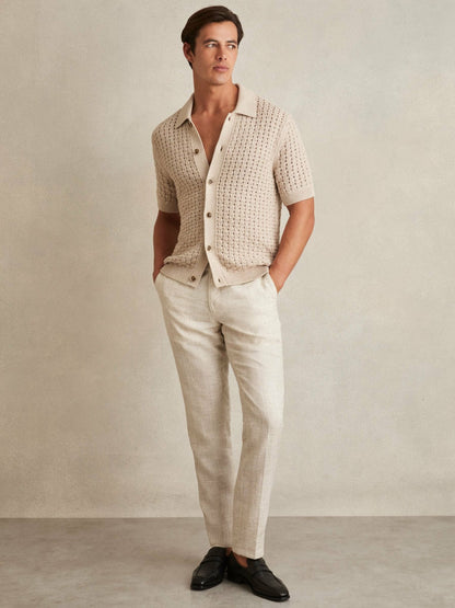 Basketweave Knit Button Through Cotton Blend Shirt in Stone Men | Reiss