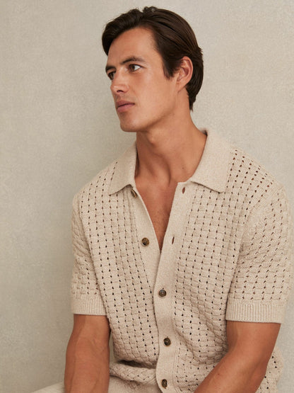 Basketweave Knit Button Through Cotton Blend Shirt in Stone Men | Reiss