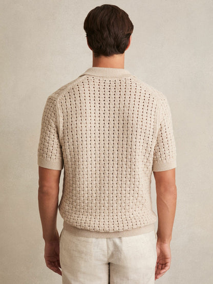 Basketweave Knit Button Through Cotton Blend Shirt in Stone Men | Reiss