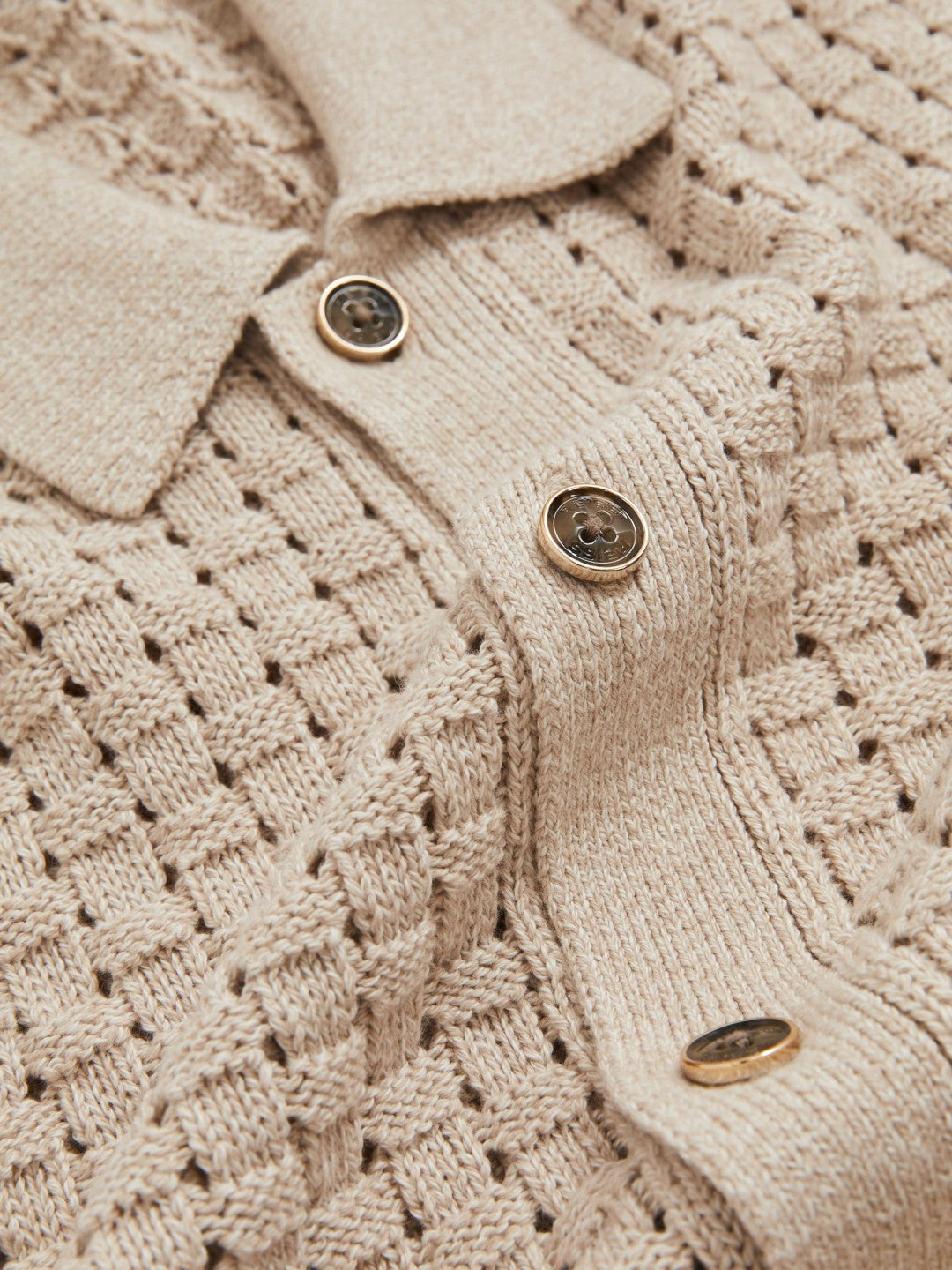 Basketweave Knit Button Through Cotton Blend Shirt in Stone Men | Reiss