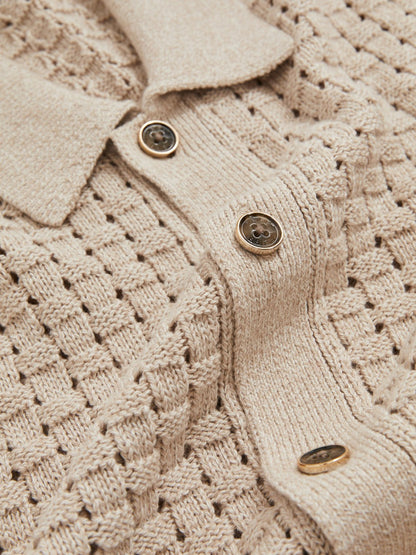 Basketweave Knit Button Through Cotton Blend Shirt in Stone Men | Reiss
