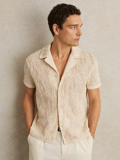 Cotton-Blend Embroidered Crochet Shirt in Oatmeal Men | Reiss