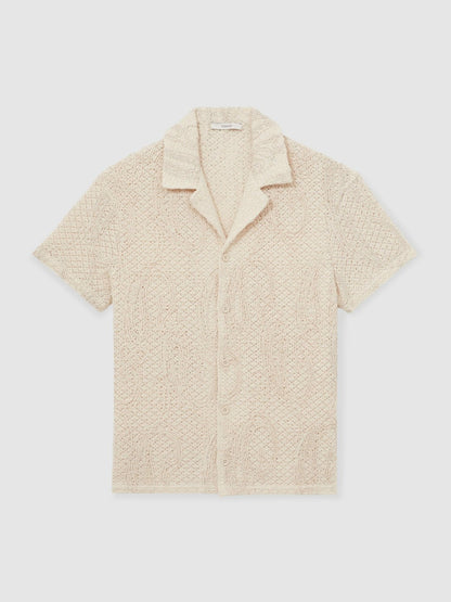 Cotton-Blend Embroidered Crochet Shirt in Oatmeal Men | Reiss