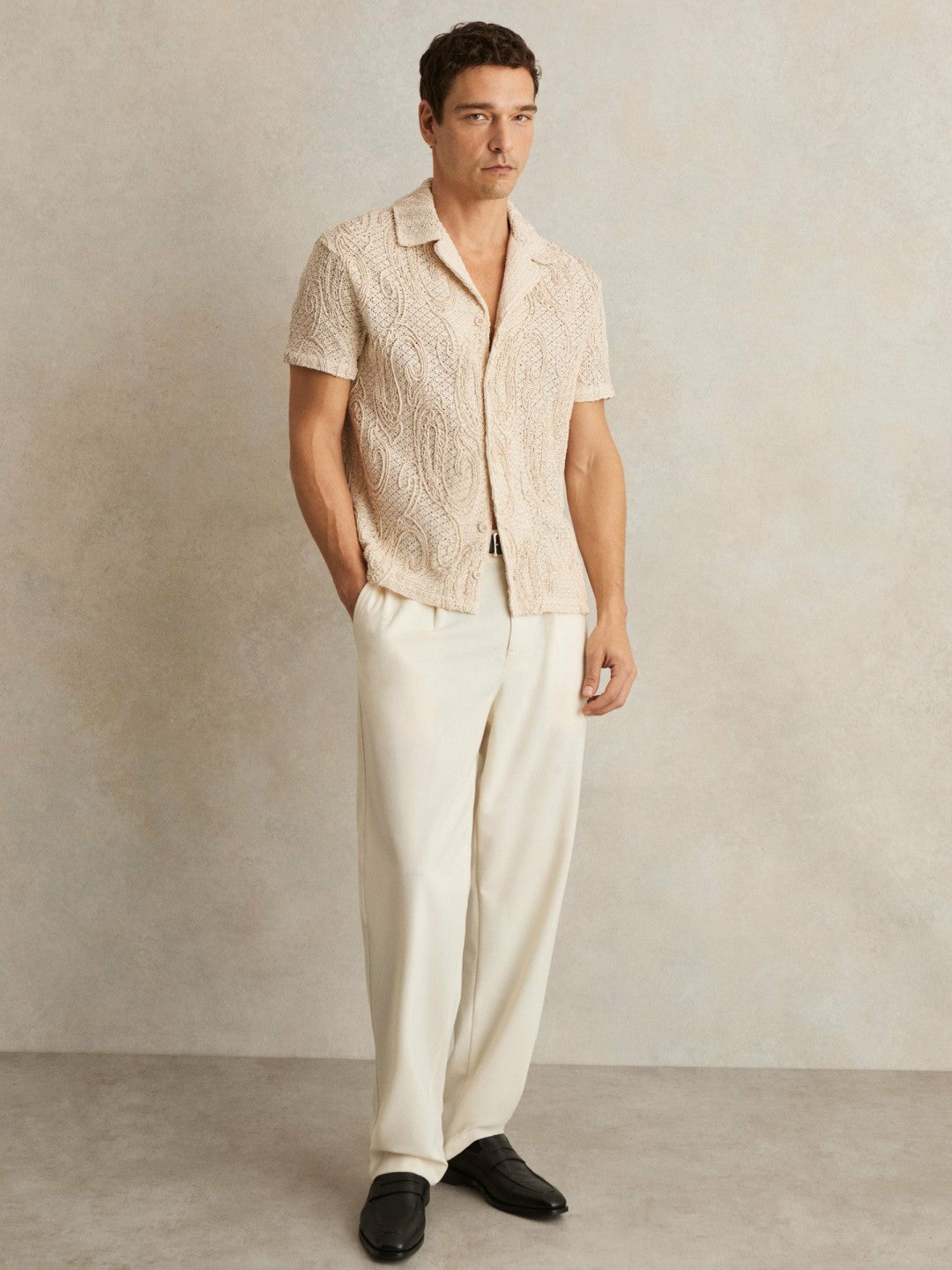 Cotton-Blend Embroidered Crochet Shirt in Oatmeal Men | Reiss