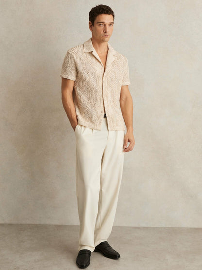 Cotton-Blend Embroidered Crochet Shirt in Oatmeal Men | Reiss