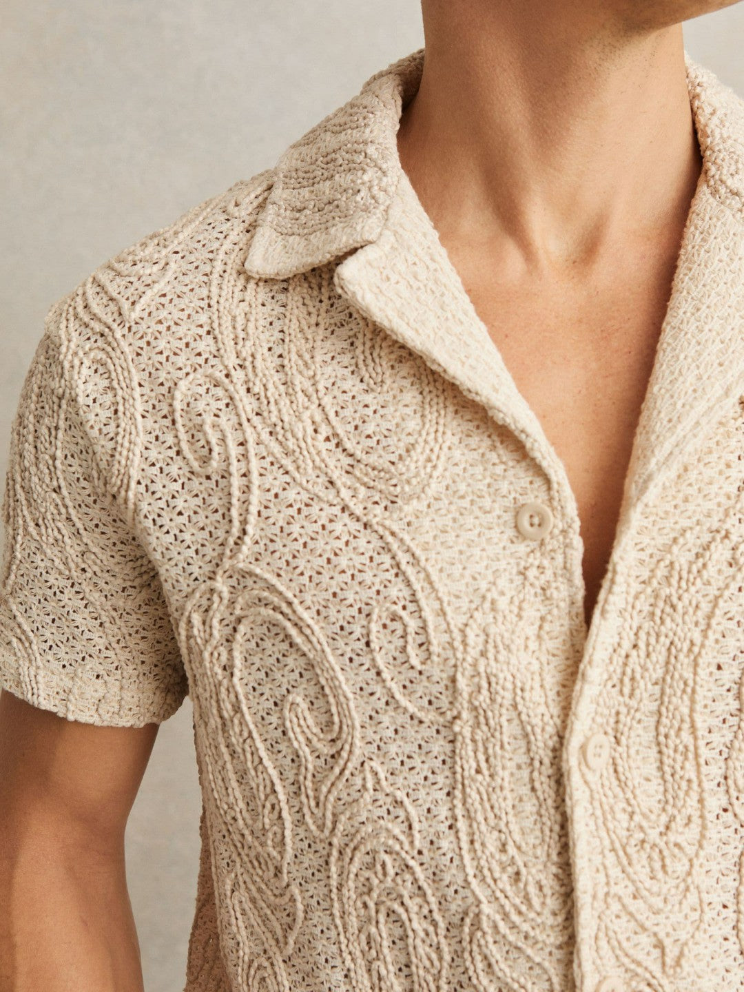 Cotton-Blend Embroidered Crochet Shirt in Oatmeal Men | Reiss