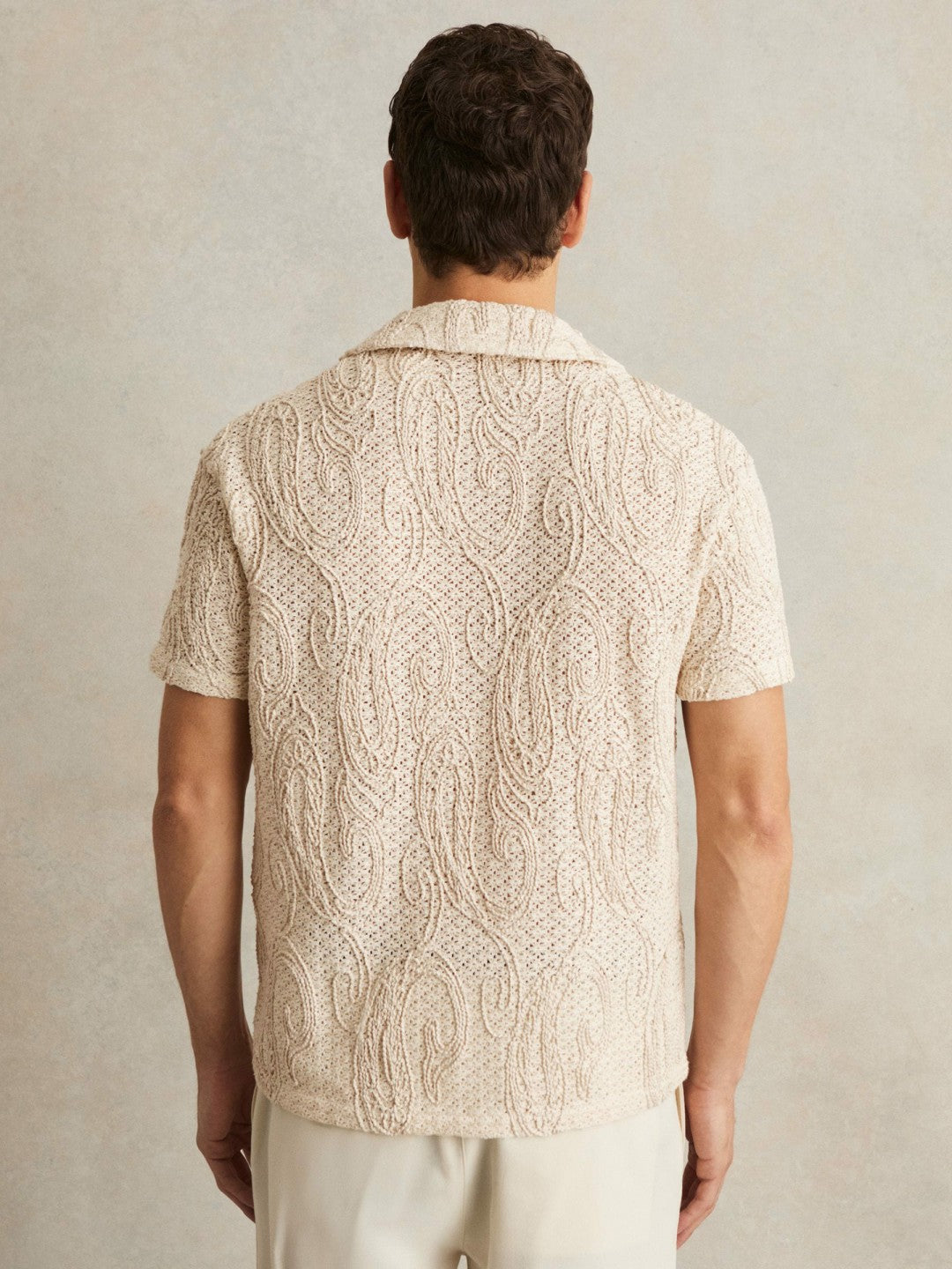 Cotton-Blend Embroidered Crochet Shirt in Oatmeal Men | Reiss