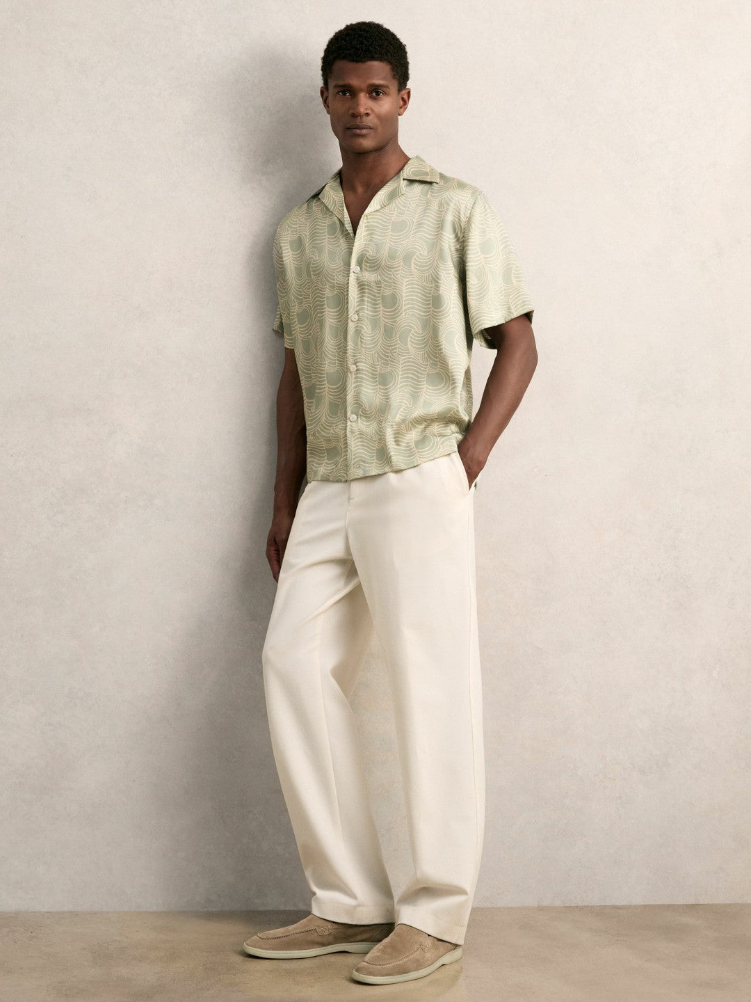 Wave Print Cuban Collar Shirt in Sage Green Men | Reiss