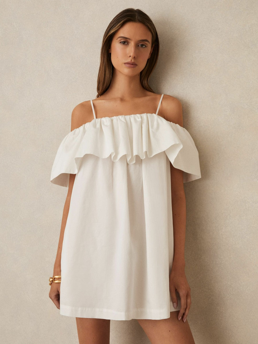 Cotton Off Shoulder Mini Dress in Ivory Cream Women | Reiss