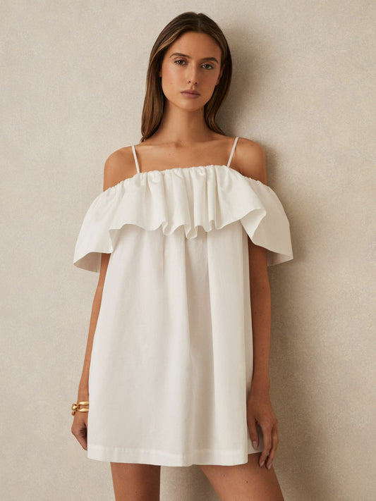 Cotton Off Shoulder Mini Dress in Ivory Cream Women | Reiss