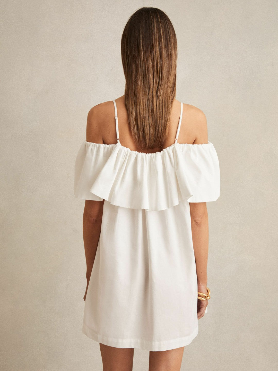 Cotton Off Shoulder Mini Dress in Ivory Cream Women | Reiss
