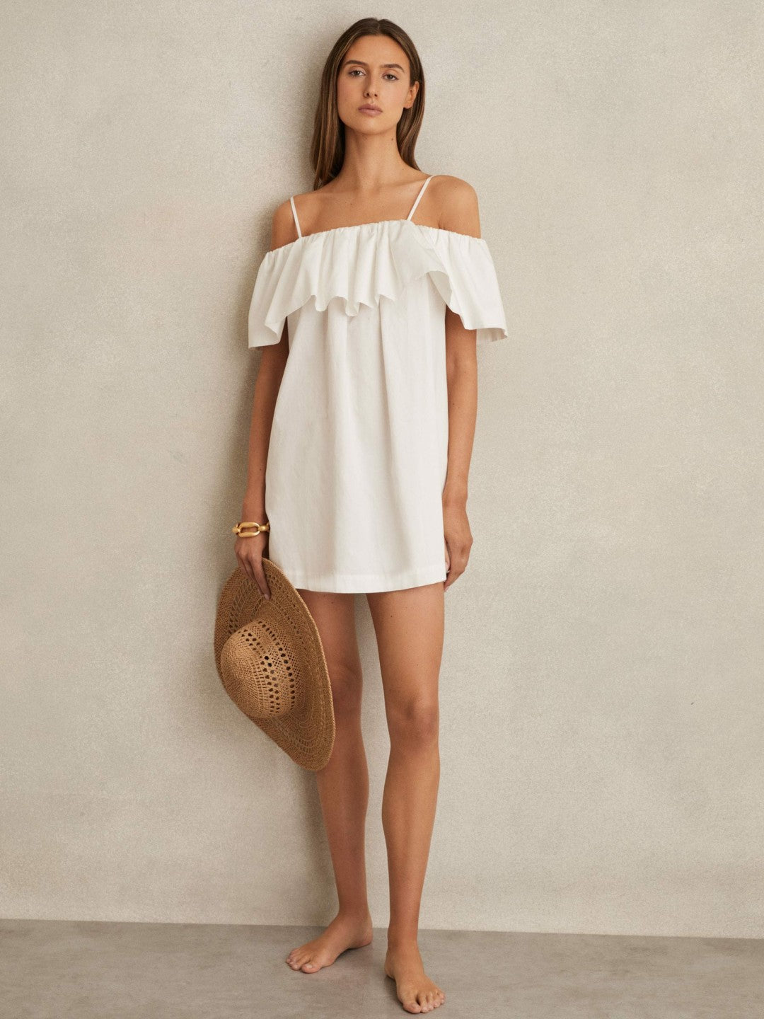 Cotton Off Shoulder Mini Dress in Ivory Cream Women | Reiss