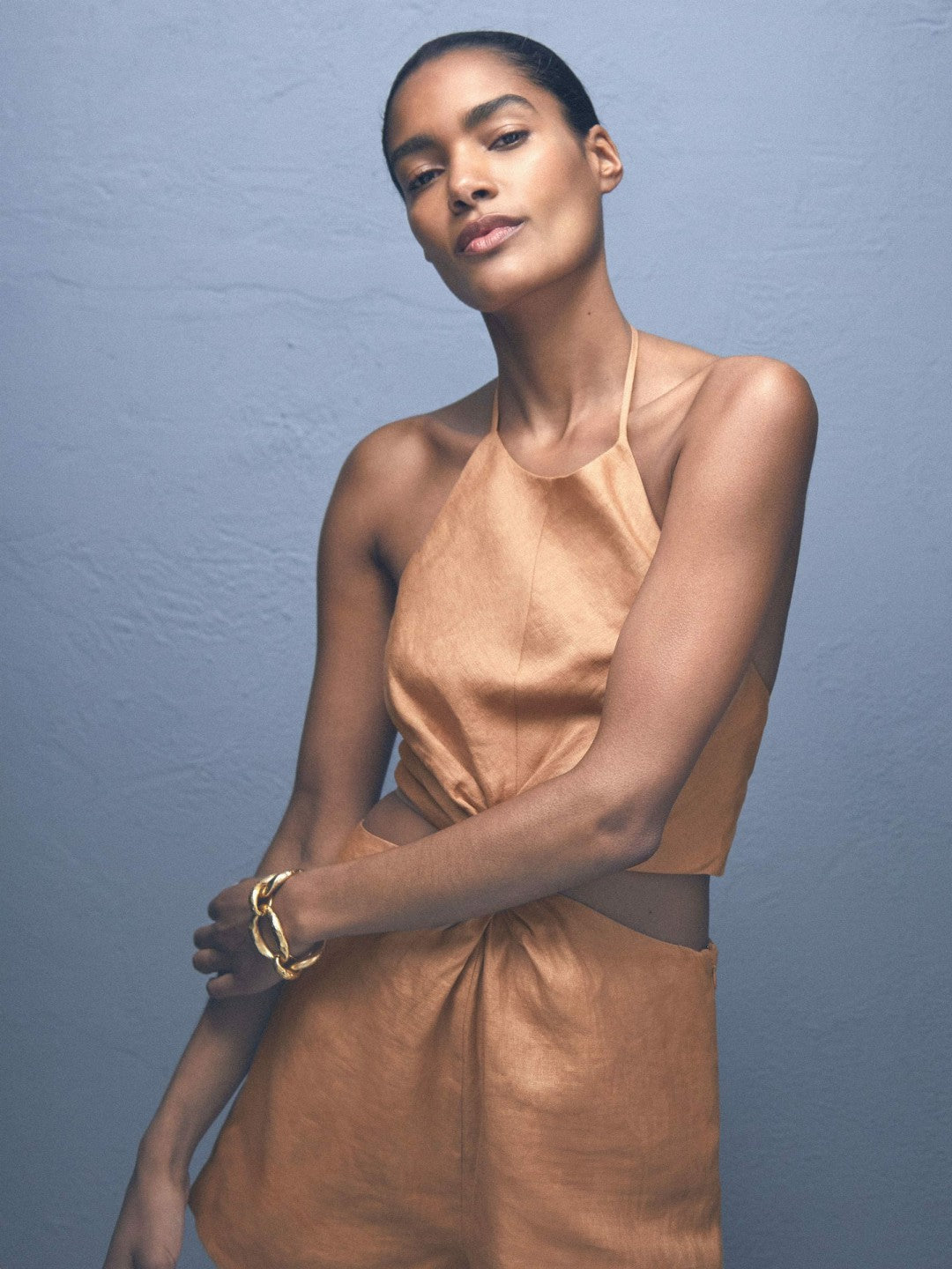 Linen Halterneck Cut Out Playsuit in Brown Women | Reiss