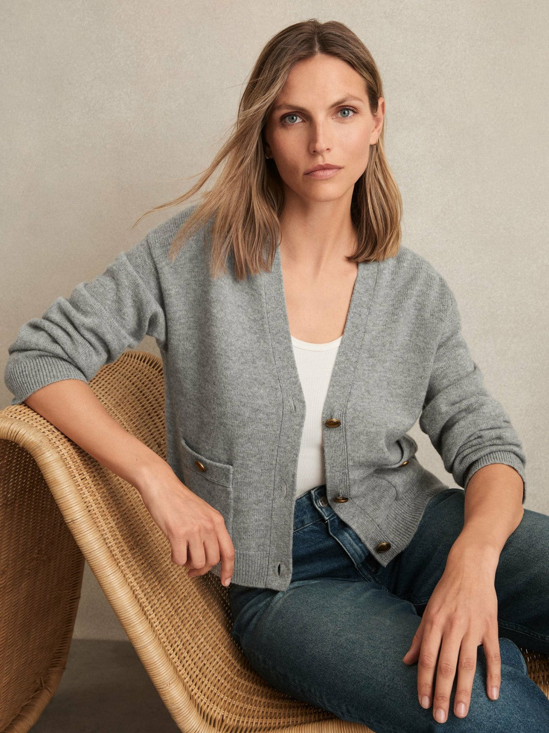 Wool-Cashmere Button Cardigan in Silver Grey Women | Reiss
