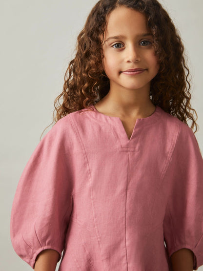 9-13 yrs Linen Balloon-Sleeve Dress in Pink Children & Baby | Reiss