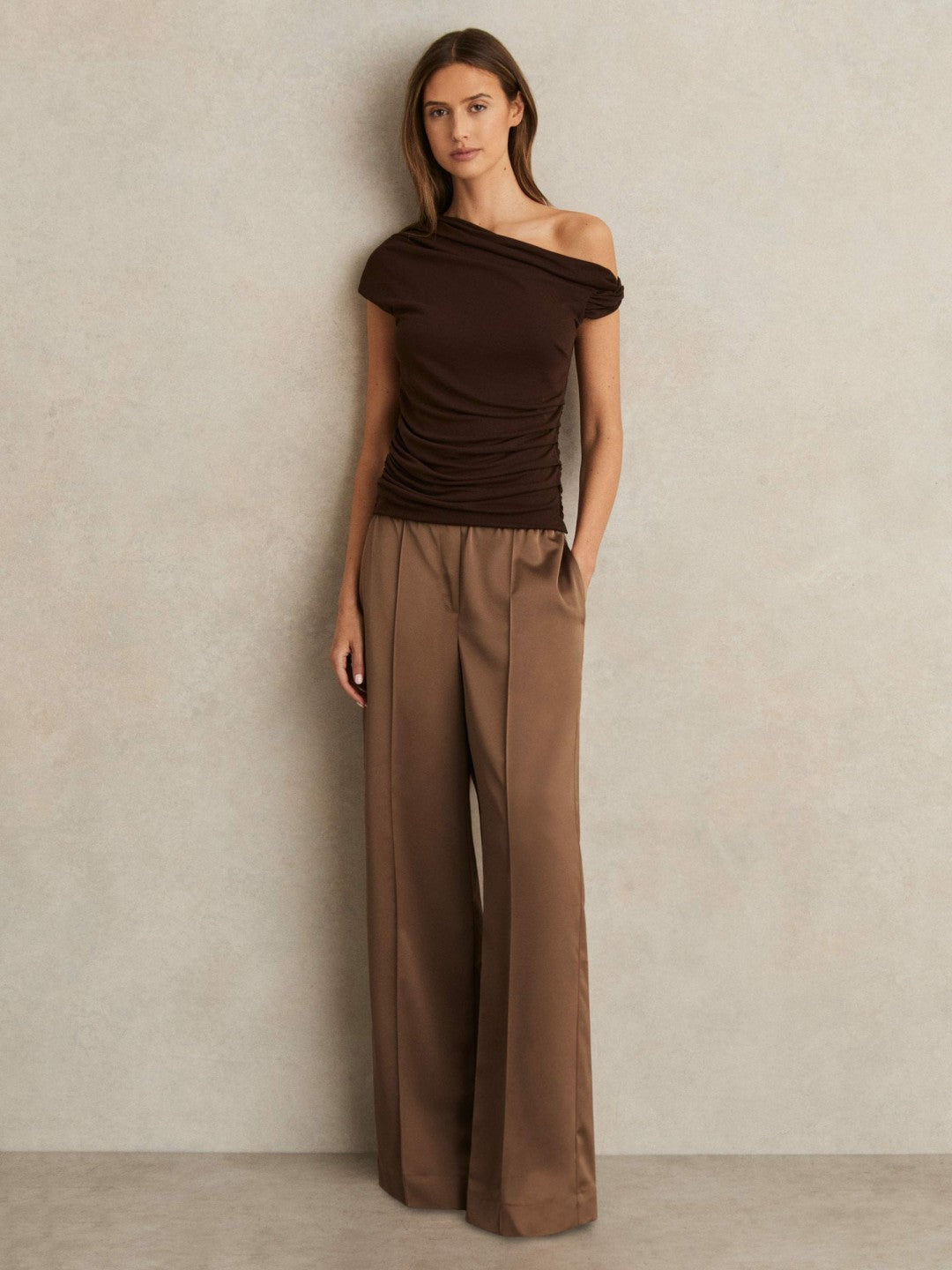 Satin Wide Leg Elastic Waist Trousers in Taupe Neutral Women | Reiss