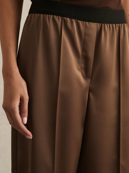 Satin Wide Leg Elastic Waist Trousers in Taupe Neutral Women | Reiss