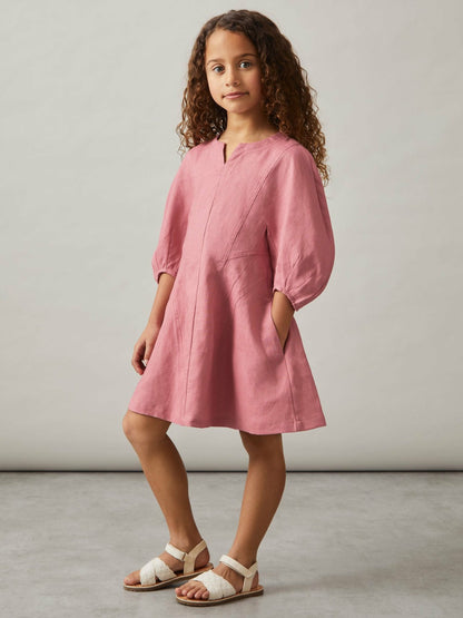 13-14 yrs Linen Balloon-Sleeve Dress in Pink Children & Baby | Reiss