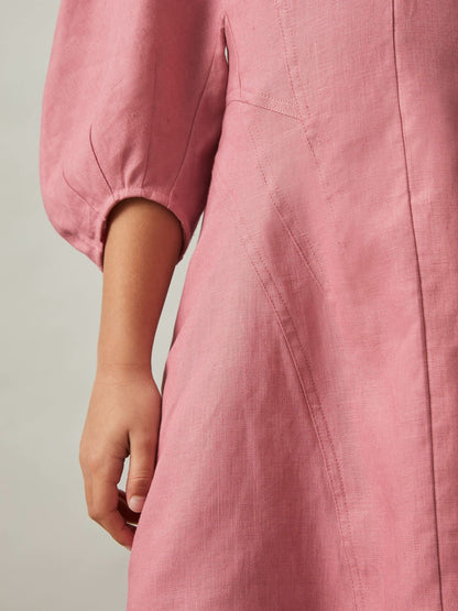 13-14 yrs Linen Balloon-Sleeve Dress in Pink Children & Baby | Reiss