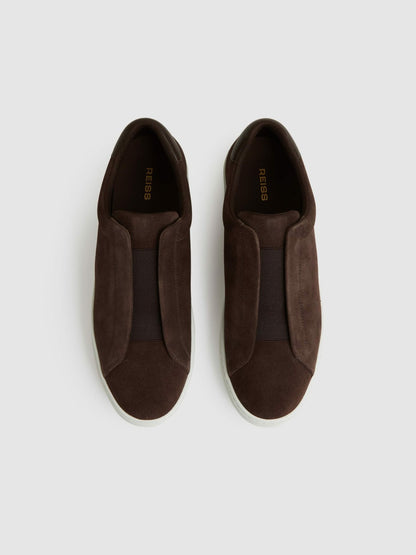 Suede Slip-On Elasticated Trainers in Chocolate Brown Men | Reiss