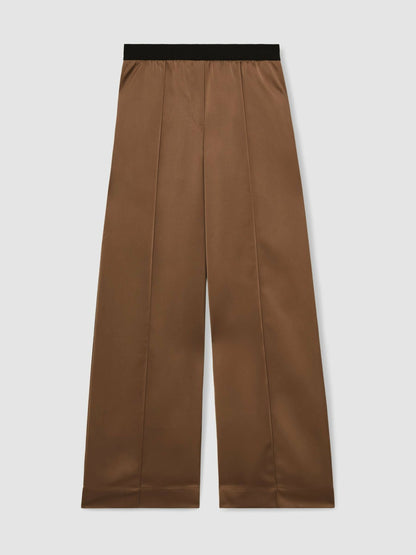 Petite Satin Wide Leg Elastic Waist Trousers in Taupe Neutral Women | Reiss