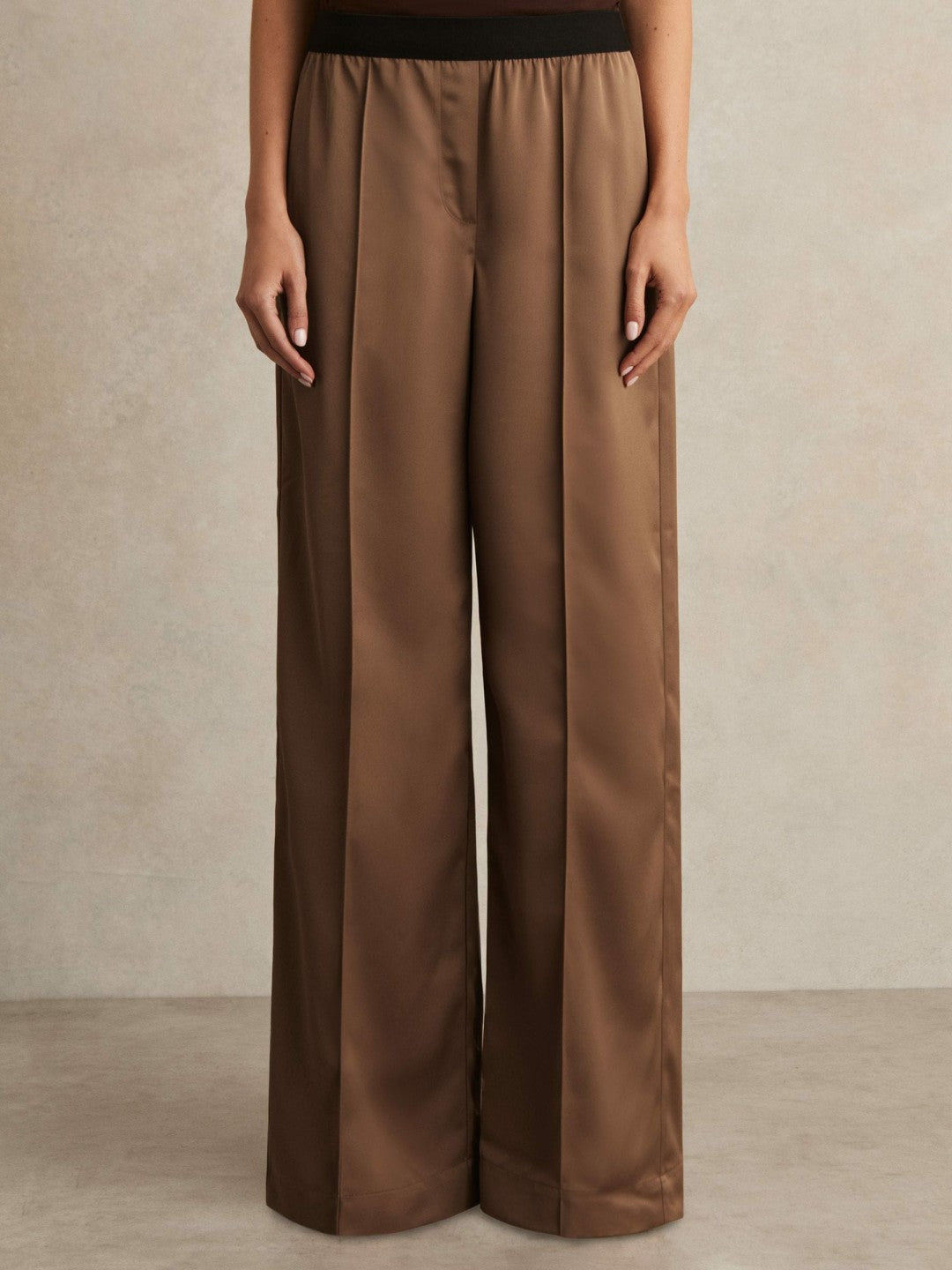 Petite Satin Wide Leg Elastic Waist Trousers in Taupe Neutral Women | Reiss