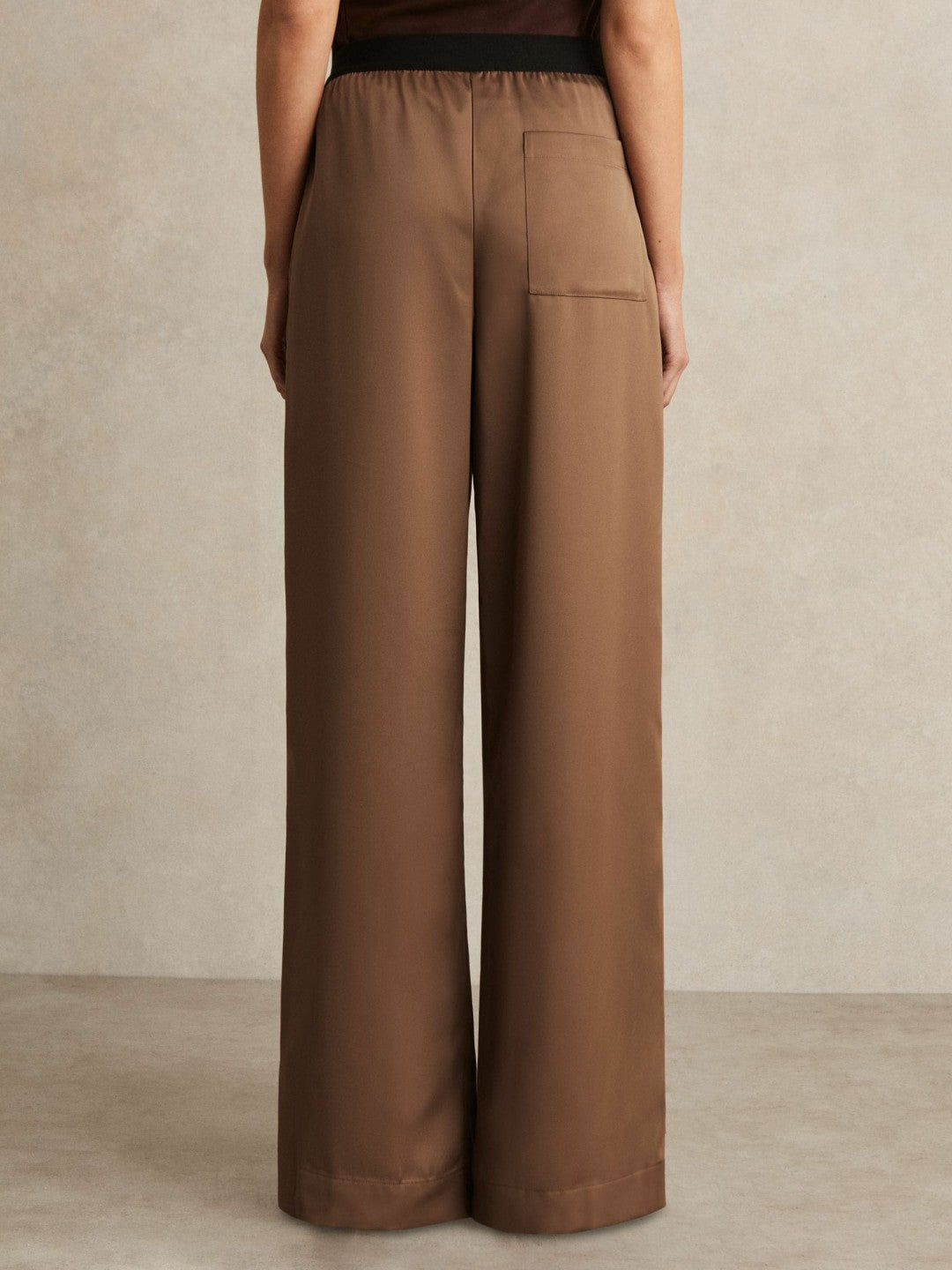Petite Satin Wide Leg Elastic Waist Trousers in Taupe Neutral Women | Reiss
