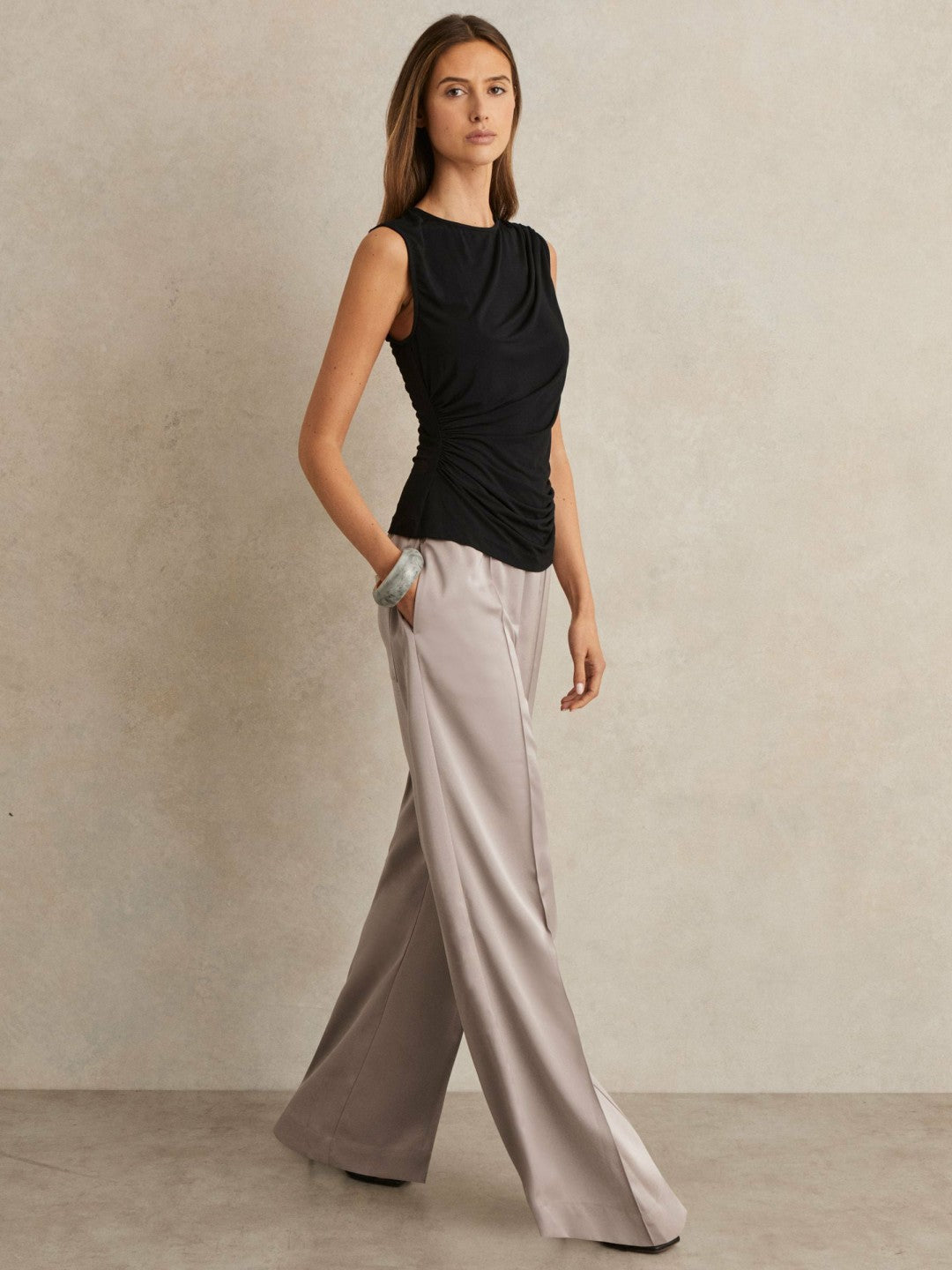 Petite Satin Wide Leg Elastic Waist Trousers in Grey Women | Reiss