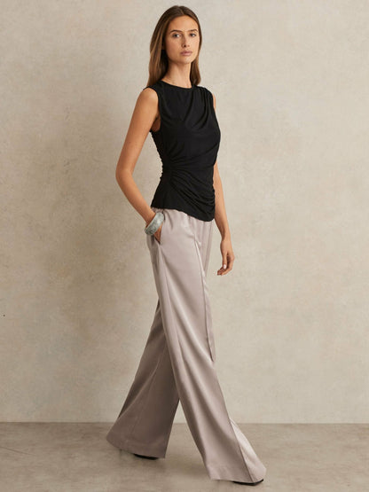 Petite Satin Wide Leg Elastic Waist Trousers in Grey Women | Reiss