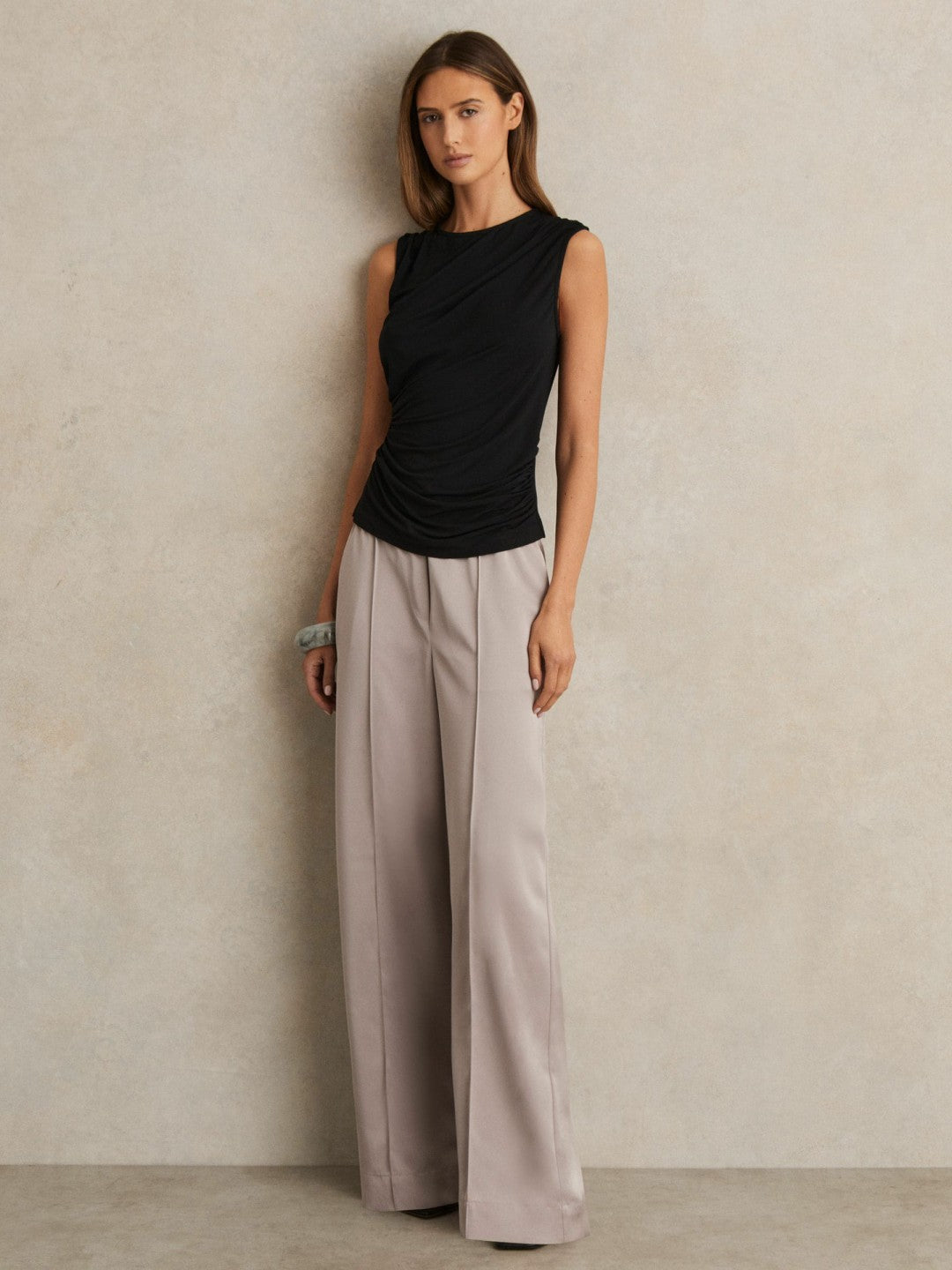 Satin Wide Leg Elastic Waist Trousers in Grey Women | Reiss