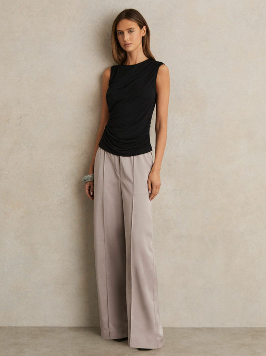 Satin Wide Leg Elastic Waist Trousers in Grey Women | Reiss