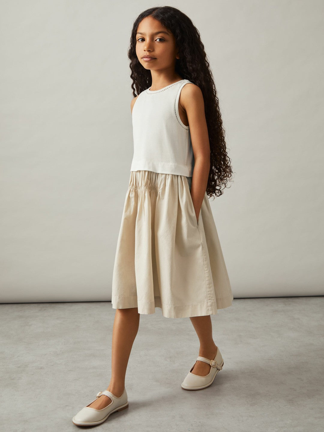 13-14 yrs Cotton Layered Sleeveless Midi Dress in Neutral Children & Baby | Reiss