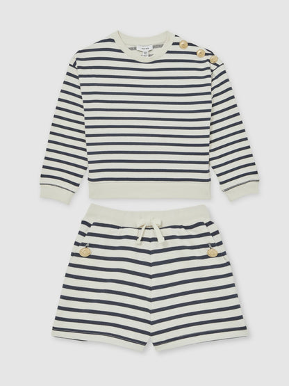 9-13 yrs Stripe Sweatshirt and Shorts Set Cotton-Blend in Navy/Ivory Children & Baby | Reiss