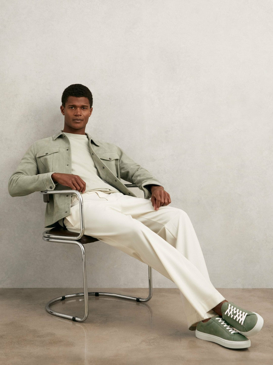 Nubuck Leather Low-Top Trainers in Thyme Green Men | Reiss