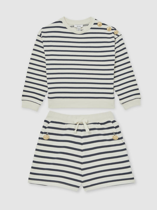 13-14 yrs Stripe Sweatshirt and Shorts Set Cotton-Blend in Navy/Ivory Children & Baby | Reiss