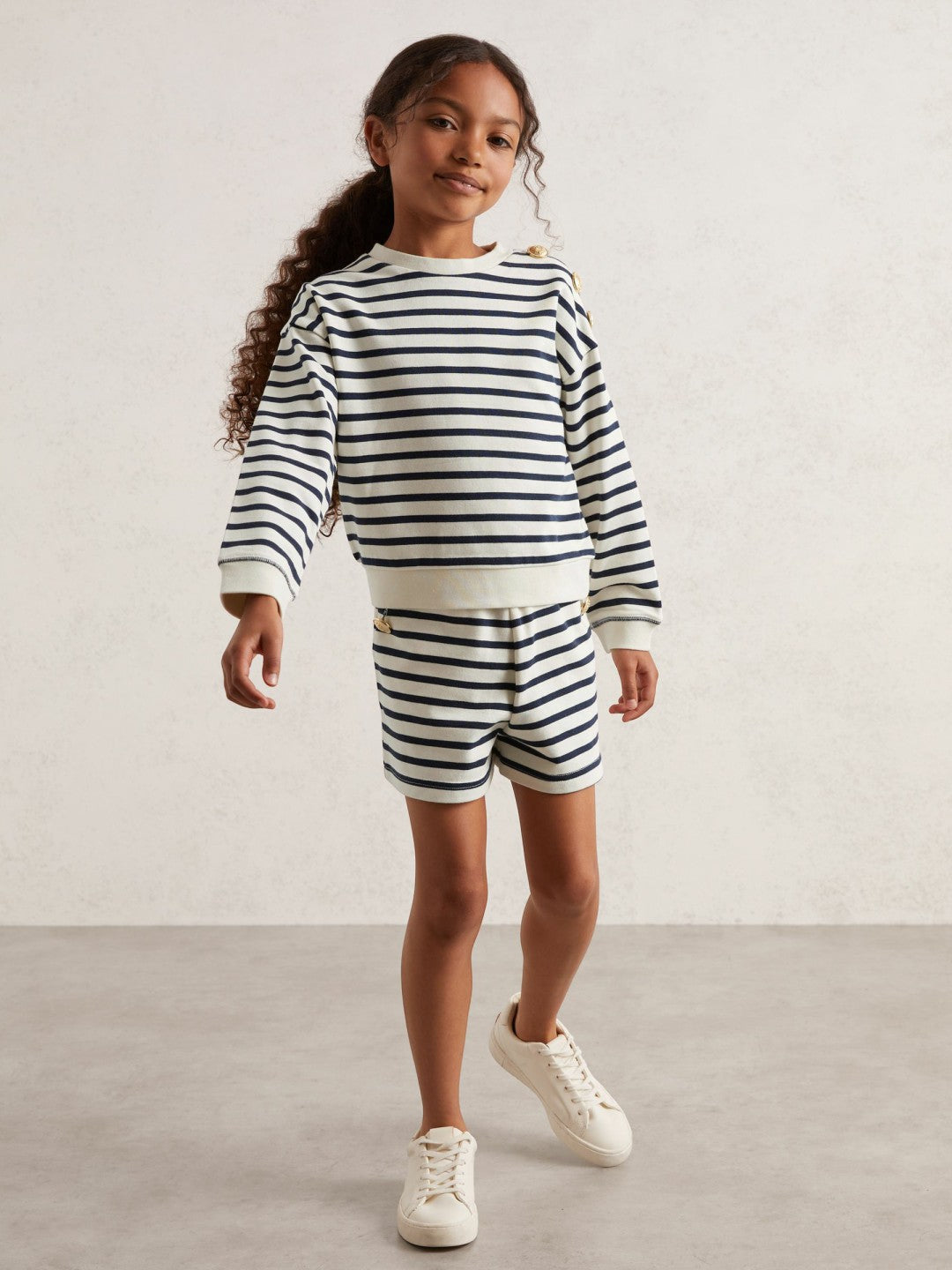 13-14 yrs Stripe Sweatshirt and Shorts Set Cotton-Blend in Navy/Ivory Children & Baby | Reiss