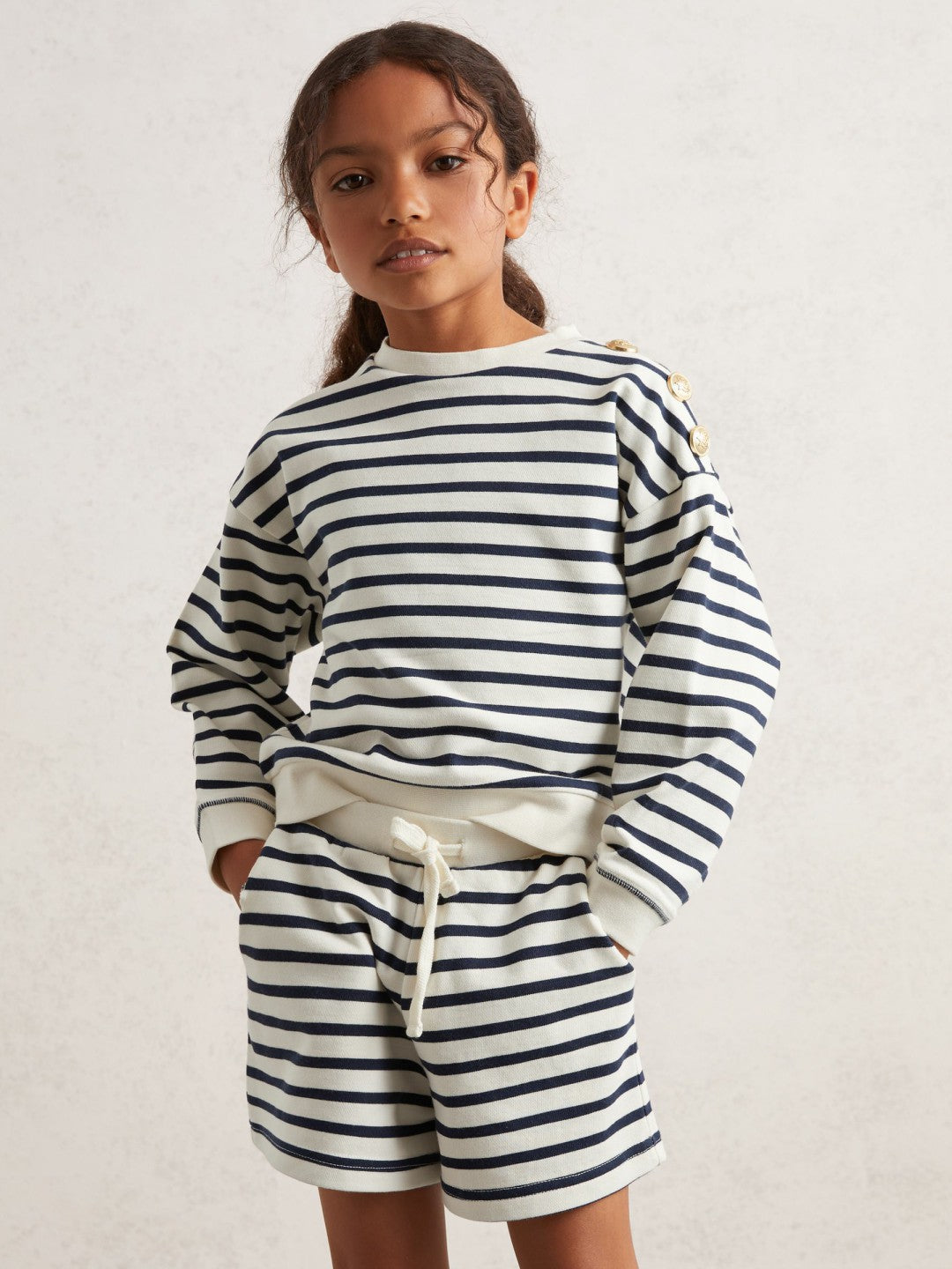 13-14 yrs Stripe Sweatshirt and Shorts Set Cotton-Blend in Navy/Ivory Children & Baby | Reiss