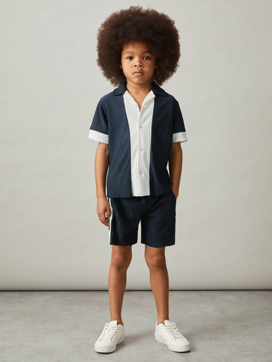 3-9 yrs Plissé Colour-Block Shorts in Navy/White Children & Baby | Reiss