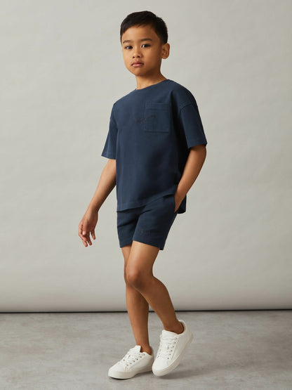 9-13 yrs Cotton Brand-Embroidered Shorts in Washed Navy Children & Baby | Reiss