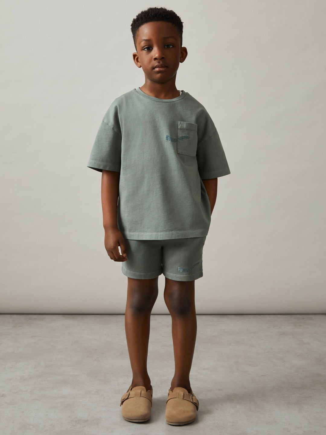 3-9 yrs Cotton Brand-Embroidered Shorts in Washed Sage Children & Baby | Reiss
