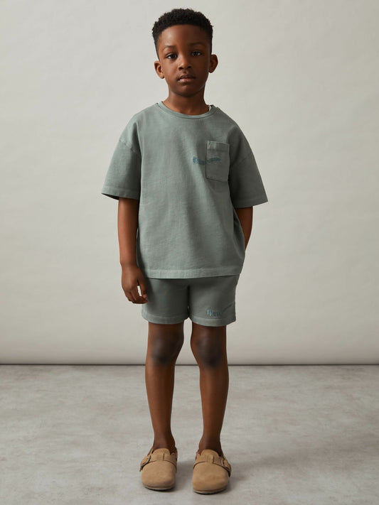 3-9 yrs Cotton Brand-Embroidered Shorts in Washed Sage Children & Baby | Reiss